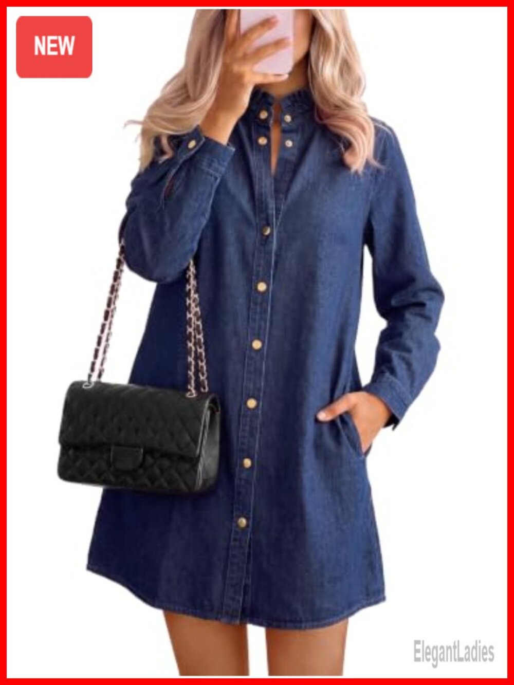 Womens Denim Dress Long Sleeve Button Down Ruffle Jean Shirt Dress